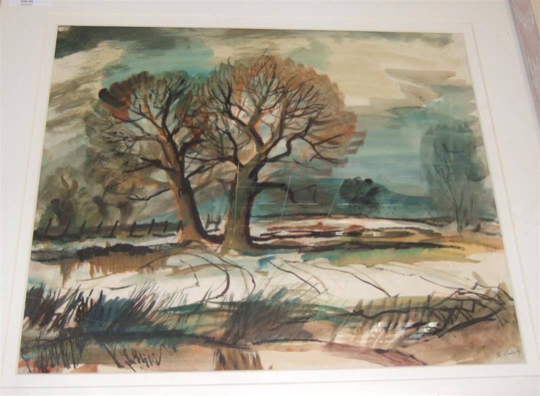 Rowland Suddaby (1912-1973), watercolour, Trees in a landscape, Studio stamp, 32 x 40cm